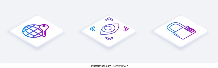 Set Isometric line Globe key , Eye scan  and Safe combination lock . White square button. Vector