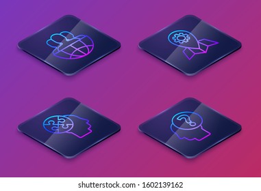 Set Isometric line Globe and people, Human head puzzles strategy, Location job and Human head with question mark. Blue square button. Vector