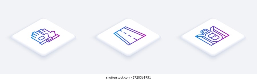 Conjunto de guantes de línea isométrica, carril bici y mochila de senderismo. Botón cuadrado blanco. Vector