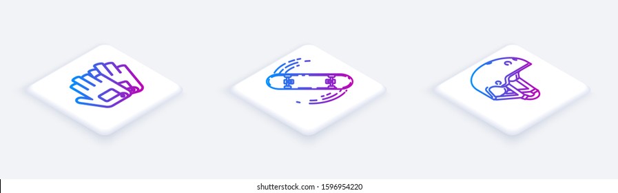 Set Isometric line Gloves, Skateboard trick and Helmet. White square button. Vector