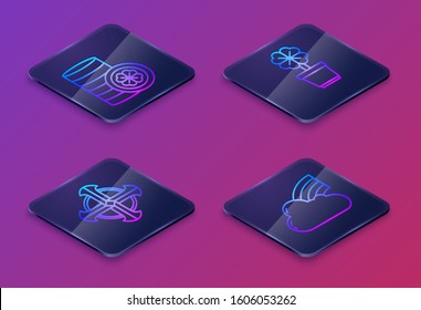 Set Isometric line Gold coin with four leaf clover, Celtic cross, Four leaf clover in pot and Rainbow with cloud. Blue square button. Vector