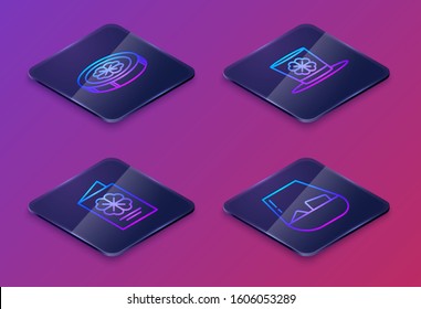 Set Isometric line Gold coin with four leaf clover, Saint Patricks Day flyer, brochure, postcard, Leprechaun hat and four leaf clover and Glass of whiskey. Blue square button. Vector