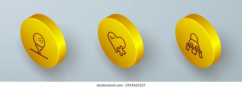 Set Isometric line Golf ball on tee, Heart rate and Badminton shuttlecock icon. Vector