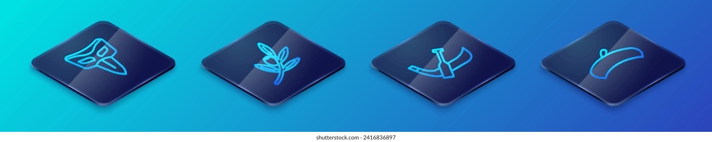 Set Isometric line Gondola boat, Carnival mask, French beret and Olives branch icon. Vector