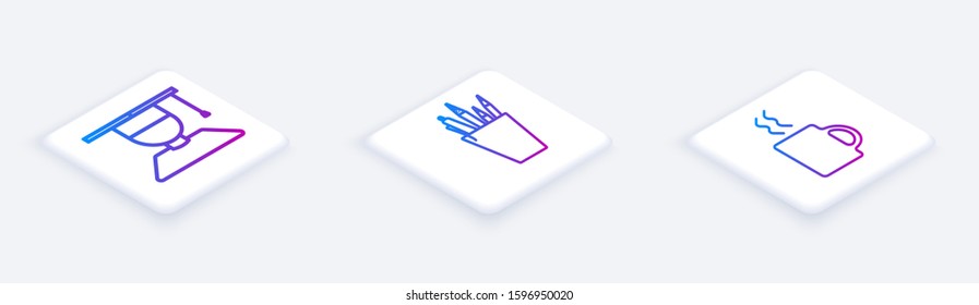 Set Isometric line Graduate and graduation cap, Pencil case stationery and Coffee cup. White square button. Vector