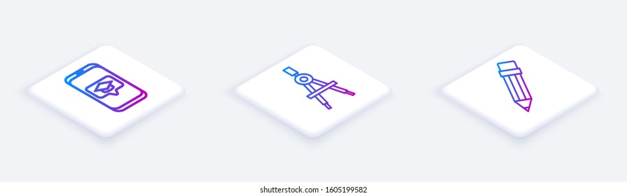 Set Isometric line Graduation cap on screen smartphone, Drawing compass and Pencil with eraser. White square button. Vector