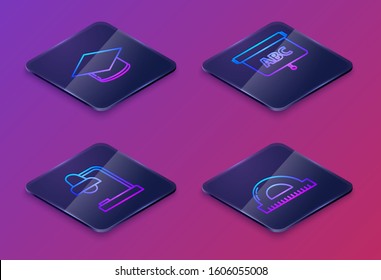 Set Isometric line Graduation cap, Table lamp, Chalkboard and Protractor grid for measuring degrees. Blue square button. Vector