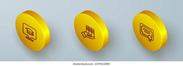 Set Isometric line Graduation cap in speech bubble, Book donation and Certificate template icon. Vector