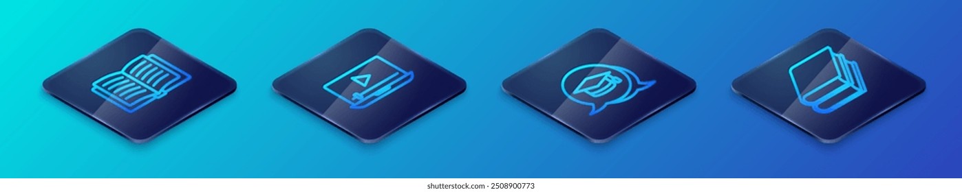 Set Isometric line Graduation cap in speech bubble, Open book, Book and Online play video icon. Vector