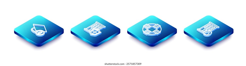 Set Isometric line Graduation cap and coin, House with shield, Lifebuoy and Fire burning house icon. Vector