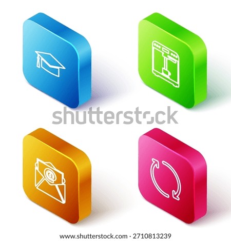 Set Isometric line Graduation cap, Coffee machine and cup, Mail e-mail and Refresh icon. Vector
