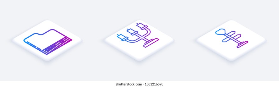 Set Isometric line Grand piano, Candlestick and Signpost with heart. White square button. Vector