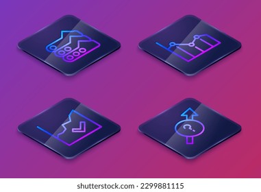 Set Isometric line Graph, chart, diagram, Financial growth increase, Pie infographic and Arrow. Blue square button. Vector