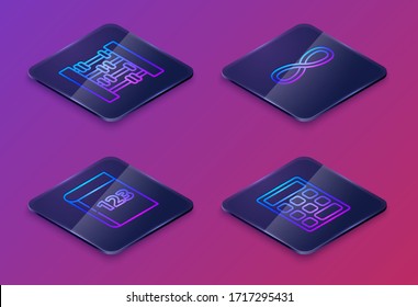 Set Isometric line Graph, schedule, chart, diagram, Test or exam sheet and pen, Function mathematical symbol and Triangle math. Blue square button. Vector