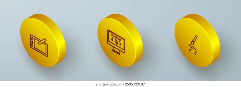 Set Isometrische Linie Graphic Tablet, Computer mit Design-Programm und Paint Pinsel Symbol. Vektorgrafik