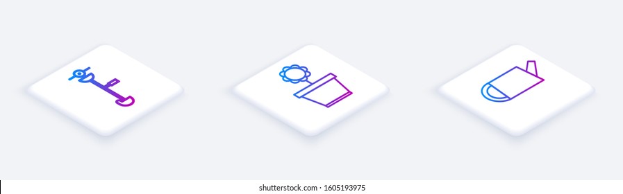 Set Isometric line Grass and weed electric string trimmer, Flower in pot and Watering can. White square button. Vector