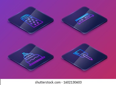 Set Isometric Line Grater , Cake , Electronic Scales  And Kitchen Brush . Blue Square Button. Vector