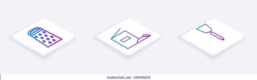 Set Isometric line Grater , Flour pack  and Spatula . White square button. Vector