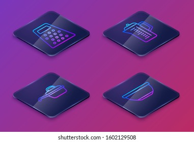 Set Isometric line Grater , Frying pan , Teapot  and Bowl . Blue square button. Vector