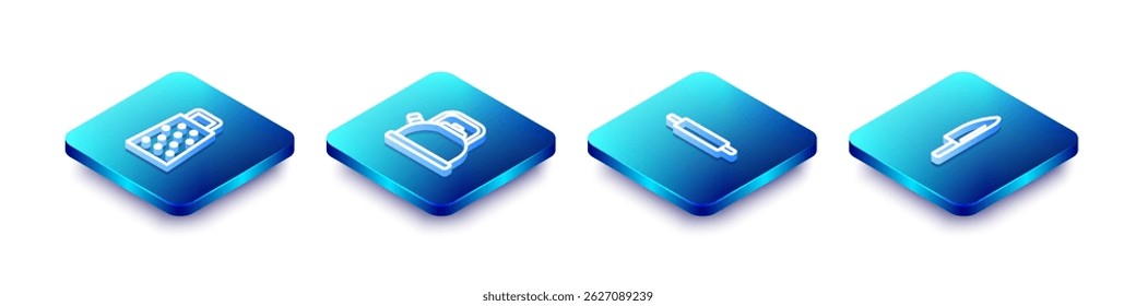 Set Isometric line Grater, Kettle with handle, Rolling pin and Knife icon. Vector