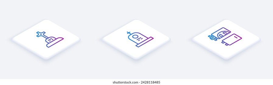 Set Isometric line Grave with cross, tombstone and Crematorium. White square button. Vector