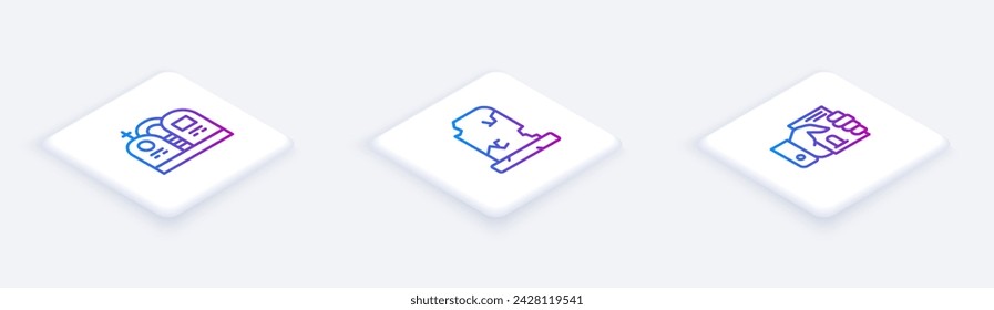 Set Isometric line Grave with tombstone, Old grave and Death certificate in hand. White square button. Vector