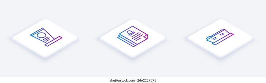 Set Isometric line Grave with tombstone, Death certificate and Coffin dead. White square button. Vector