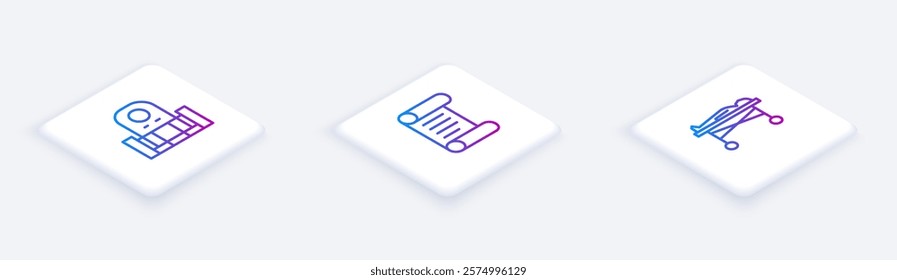 Set Isometric line Grave with tombstone, Decree, parchment, scroll and Dead body in the morgue. White square button. Vector