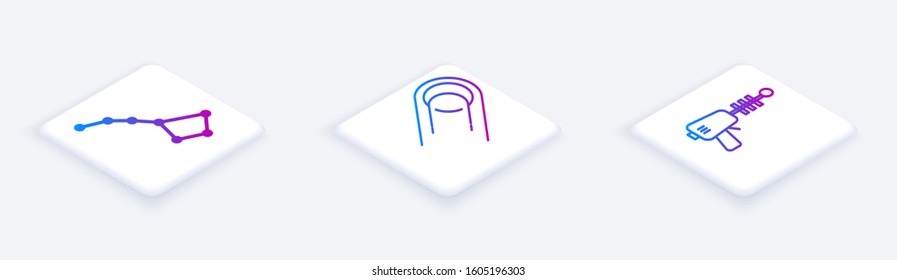 Set Isometric line Great Bear constellation, Satellite and Ray gun. White square button. Vector