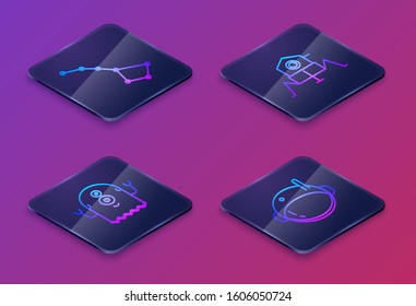 Set Isometric line Great Bear constellation, Alien, Mars rover and Astronaut helmet. Blue square button. Vector