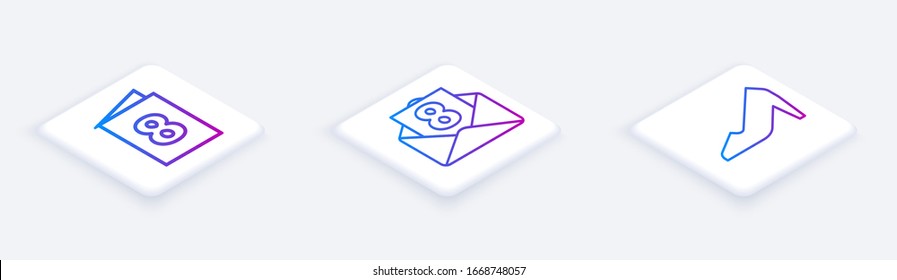 Set Isometric line Greeting card with 8 March, Envelope with 8 March and Woman shoe. White square button. Vector