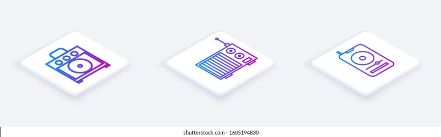 Set Isometric line Guitar amplifier, Radio with antenna and Music player. White square button. Vector