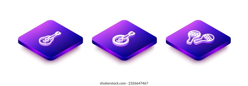 Set Isometric line Guitar, Banjo and Maracas icon. Vector