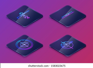 Set Isometric line Gun shooting, Target sport for shooting competition, Trap hunting and Hunt on duck with crosshairs. Blue square button. Vector