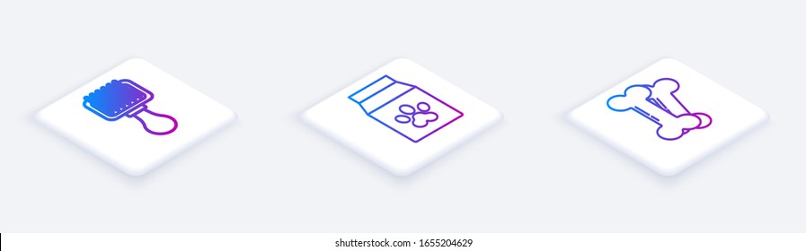 Set Isometric line Hair brush for dog and cat, Bag of food for pet and Dog bone. White square button. Vector