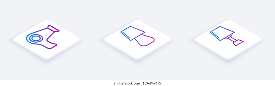 Set Isometric line Hair dryer , Table lamp  and Table lamp . White square button. Vector