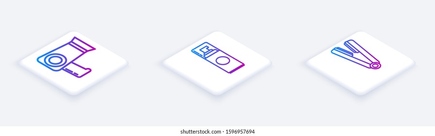Set Isometric line Hair dryer, Shaving gel foam and Curling iron for hair. White square button. Vector
