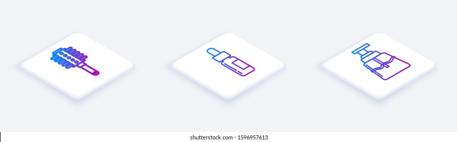 Set Isometric line Hairbrush, Glass bottle with a pipette and Aftershave. White square button. Vector