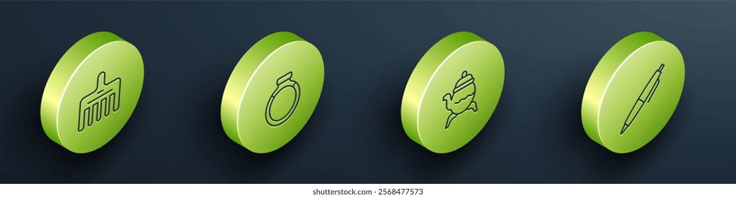 Set Isometric line Hairbrush, Gold ring, Classic teapot and Pen icon. Vector