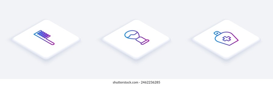 Set Isometric line Hairbrush, Shaving and Bottle of liquid antibacterial soap. White square button. Vector
