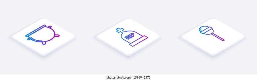 Set Isometric line Halloween witch cauldron , Tombstone with RIP and Lollipop . White square button. Vector