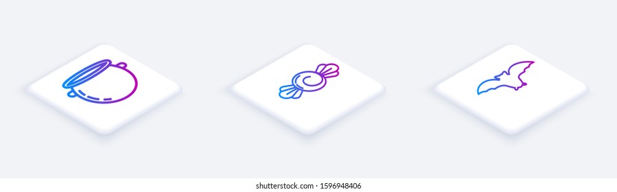 Set Isometric line Halloween witch cauldron , Candy  and Flying bat . White square button. Vector