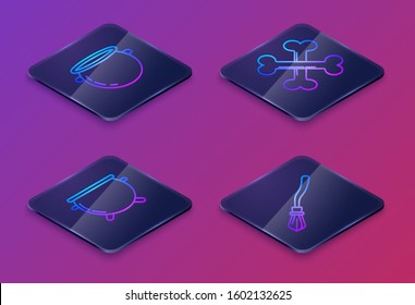 Set Isometric line Halloween witch cauldron , Halloween witch cauldron , Crossed bones  and Witches broom . Blue square button. Vector