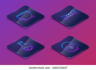 Set Isometric line Halloween witch cauldron , Bottle with potion , Vampire teeth  and Skull . Blue square button. Vector