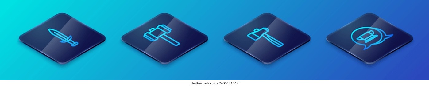 Set Isometric line Hammer, Medieval sword, Blacksmith anvil tool and Sledgehammer icon. Vector
