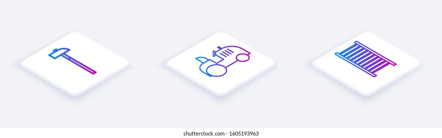 Set Isometric line Hammer, Tractor and Wooden staircase. White square button. Vector
