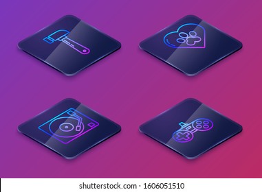 Set Isometric line Hammer, Vinyl player with a vinyl disk, Heart with animals footprint and Gamepad. Blue square button. Vector