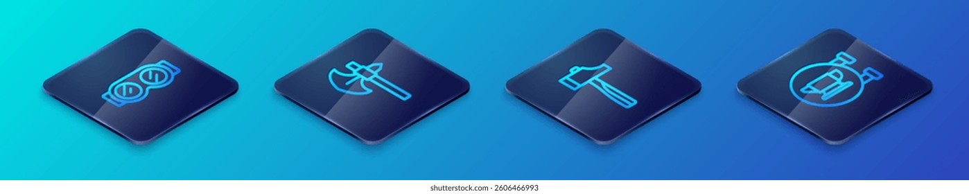 Set Isometric line Hammer, Welding glasses, Blacksmith anvil tool and Medieval axe icon. Vector