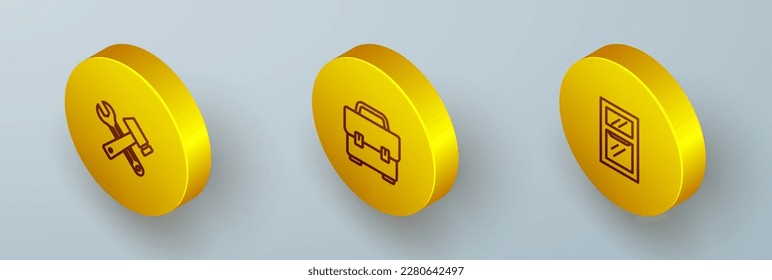 Ajuste el martillo de línea isométrica y el spanner de llave, la caja de herramientas y la ventana en el icono de la habitación. Vector