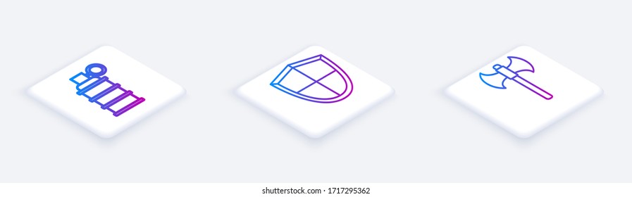 Set Isometric line Hand grenade, Shield and Medieval axe. White square button. Vector